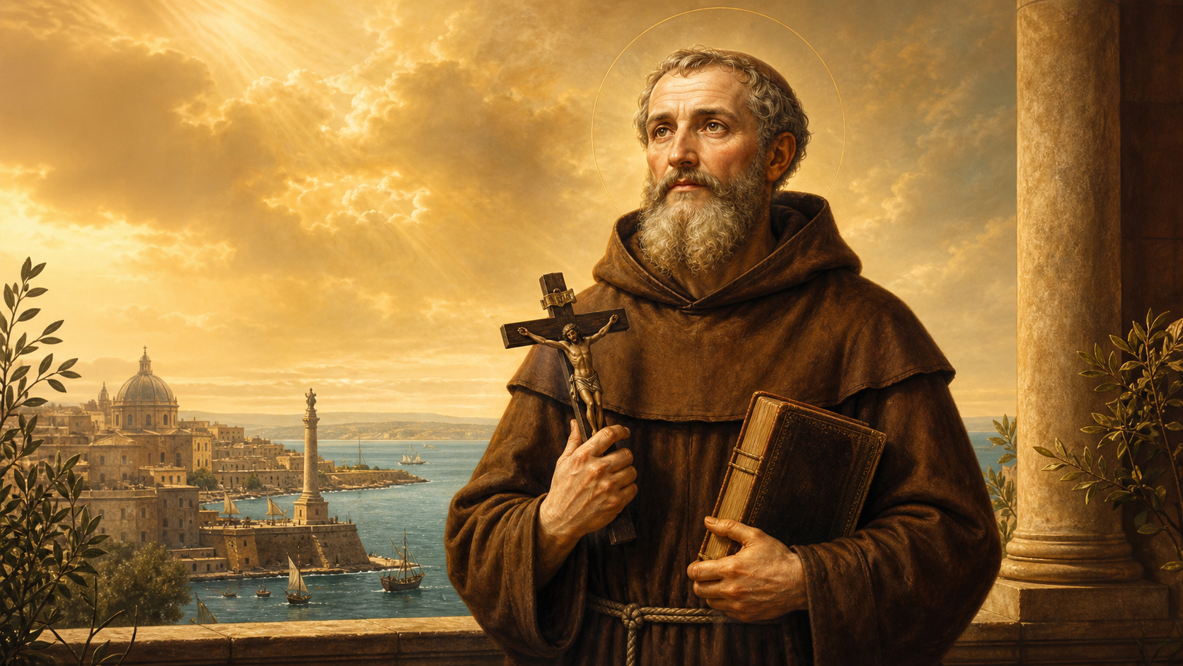 Santo do Dia 21/07 – São Lourenço de Brindisi, presbítero e doutor da Igreja 1 Ilustração reverente de São Lourenço de Brindisi, presbítero e doutor da Igreja, com livro e crucifixo sob luz dourada